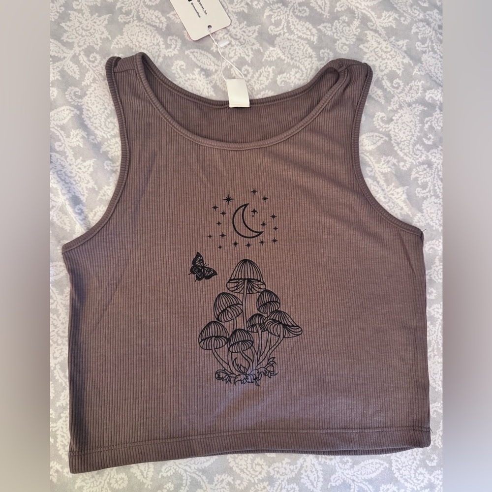 ROMWE Brown Crop Top with Moon and Mushroom Design